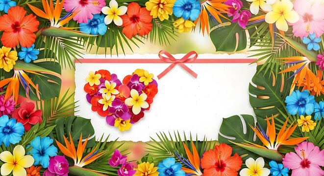 Beautiful tropical flower frame with a heart shape made of colorful exotic blossoms and green palm leaves