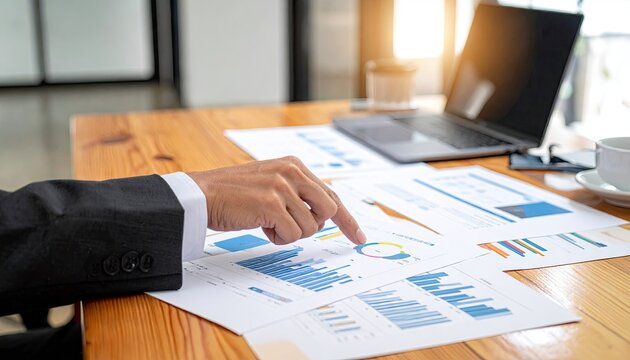 Professional analyzing financial data at a wooden table in office setting