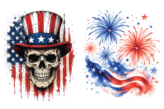 Artistic patriotic skull with uncle sam american flag top hat and colorful watercolor fireworks background for independence day celebrations fireworks watercolor patriotic independence explosive