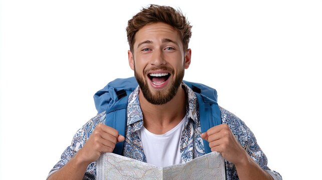 Wanderlust with Map: A young man with backpack is smiling at camera, gazing at the map, ready for a journey filled with excitement, and discovery.
