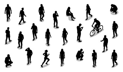 Obraz premium Top view people silhouettes with shadows walking and cycling | Overhead pedestrian crowd set for architectural rendering | Black vector illustration