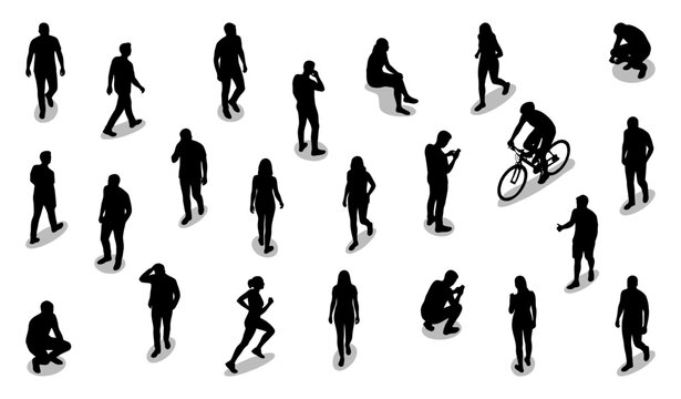 Top view people silhouettes with shadows walking and cycling | Overhead pedestrian crowd set for architectural rendering | Black vector illustration