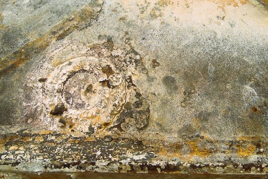 Texture of destroyed APC armor with shell hits and shrapnel holes, damaged armored vehicle hull from modern military conflict, rusty steel surface of knocked out armored personnel carrier, war destruc