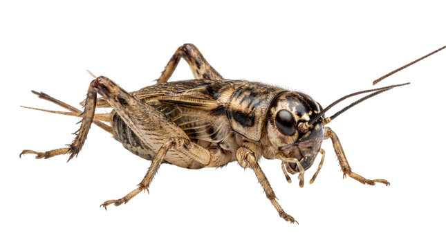 Single brown house cricket insect isolated on white background.