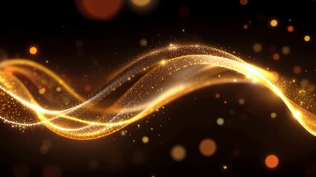 Golden particles form a glittering tail line with optical flares that create a festive and dynamic effect in a dark background