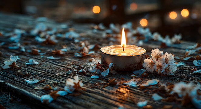 A candle flame that is alone, surrounded by delicate petals on a rustic wooden surface at dusk symbolizes a solemn memorial and mournful tribute for the wrongful death.