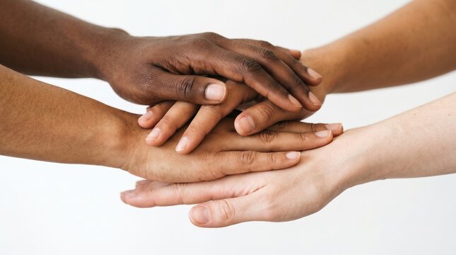 Diverse hands stacked together showing unity and teamwork concept