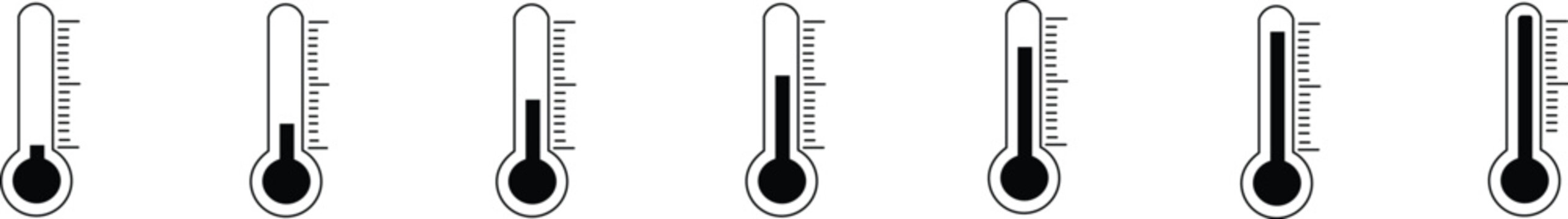 Thermometer icons in various temperature readings  heat gauge symbols for temperature measurement and weather forecast