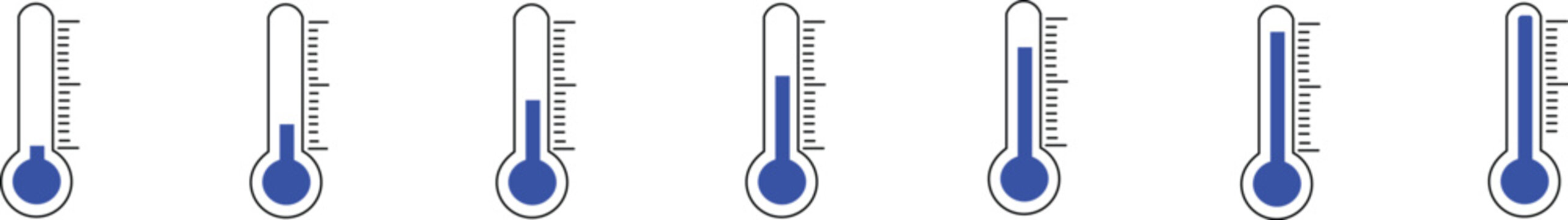 Six blue thermometers with different temperatures on white background  temperature measurement  heat level indicators