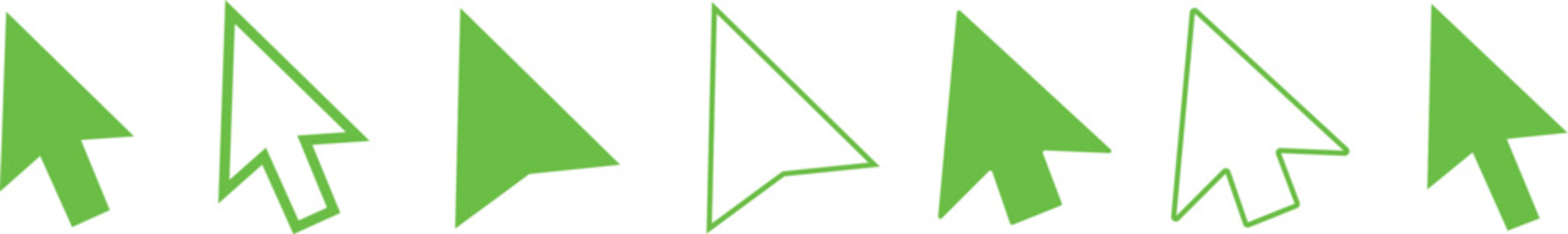 Collection of green computer mouse cursor icons in various styles and colors pointing right on white background for navigation and design