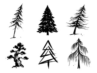 Obraz premium Minimalist pine tree collection, hand drawn brush line art, monochrome vintage vector illustrations, branding elements