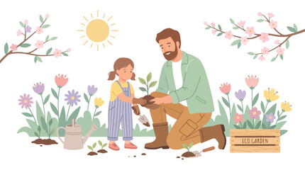Fototapeta premium Happy father and little girl planting flowers together in garden on sunny day