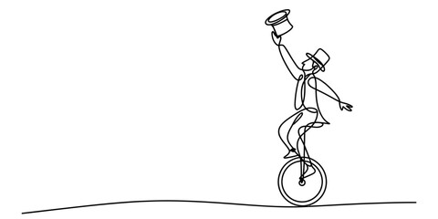 Man riding a unicycle with top hat continuous line drawing isolated on white background, Vector © BipulChandra