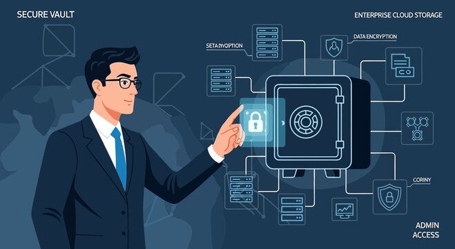 Businessman accessing secure vault and cloud storage system diagram