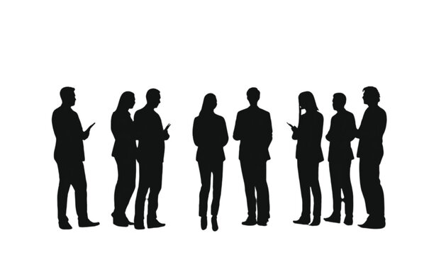 Professionals gather in a bright space to share information while standing in a semi-circle formation.