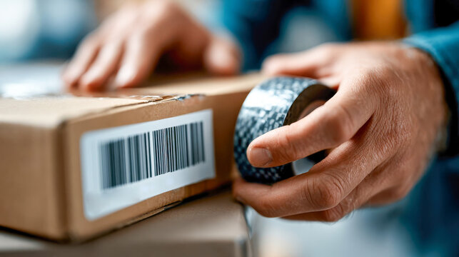 Hands sealing cardboard parcel with shipping label in close-up delivery and logistics scene