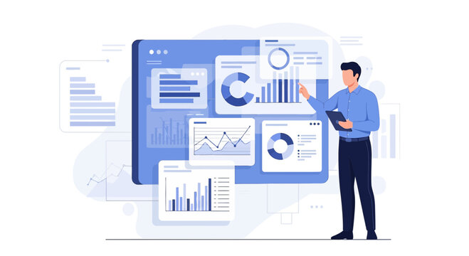 Businessman Analyzing Data Charts on Digital Display - Business Analytics