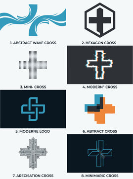 Set of eight creative minimalist cross logo designs featuring geometric abstract patterns and modern stylized symbols for church brand identity development in blue and black @whait