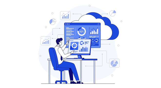 Businessman analyzing data on computer, cloud computing, business analytics