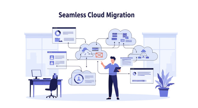 Businessman planning cloud migration and data transfer, seamless integration illustration.