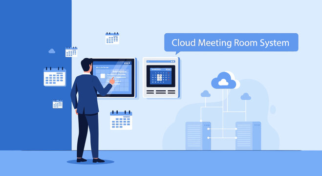 Business man using cloud meeting room system with digital calendar and booking device.
