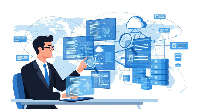 Businessman Analyzing Digital Data Streams with Global Network Connections