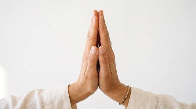 Person praying with hands together in a gesture of respect and gratitude