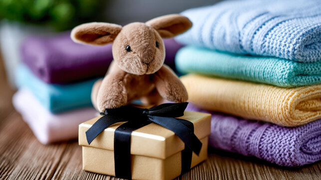 Soft bunny toy on gift box beside neatly folded pastel knitted baby blankets, cozy nursery gift concept
