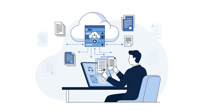 Businessman accessing cloud data, documents management, digital workflow illustration