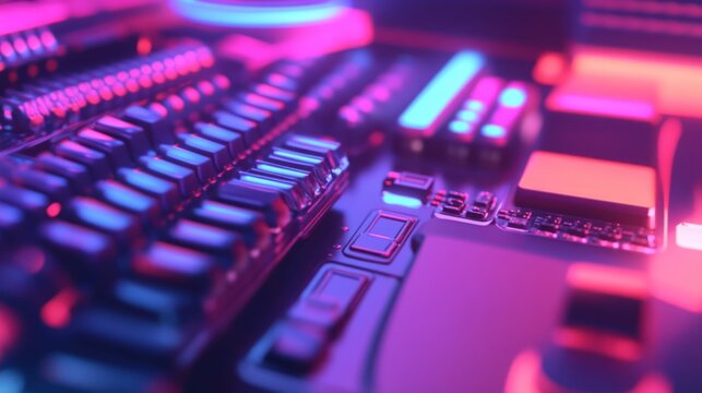 Close-up of a vibrant electronic music mixing console with illuminated controls