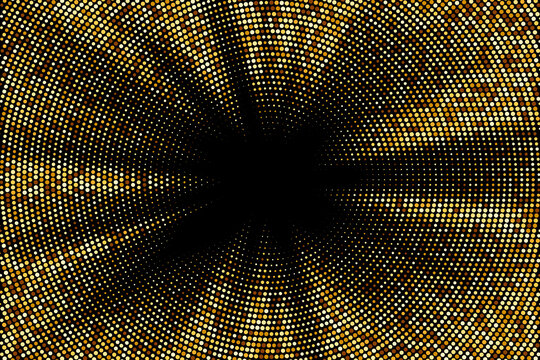 Vector Design with a Black Center explosion with Golden Halftone Dots Radiating Outward, Abstract Starburst decoration on black background