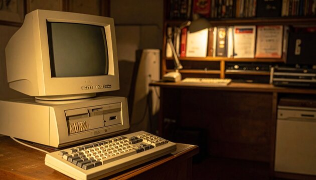 Vintage computer setup, CRT monitor floppy drive and keyboard on wooden desk