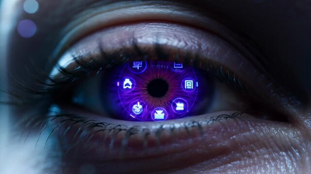 Extreme close-up of a human eye with a glowing purple iris and digital HUD interface for artificial intelligence and futuristic cybersecurity concept and data surveillance