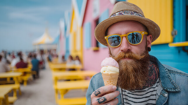 A bearded man is enjoying ice cream at a beach party.