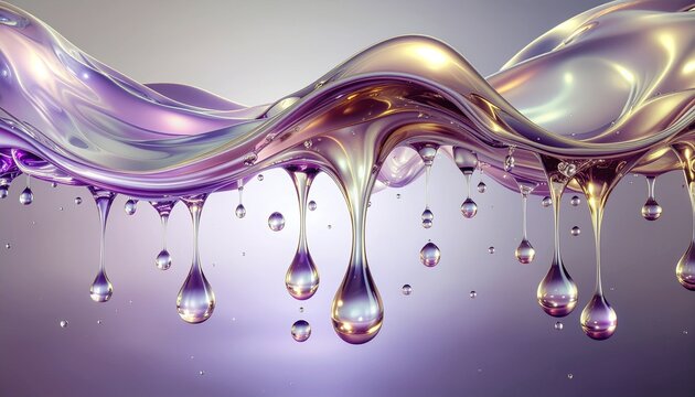  Luxury Purple Metallic Liquid Wave with Glossy Droplets and Iridescent Reflections　紫色のメタリックな液体波と光沢のある雫 虹色に輝く流体背景素材　イラスト