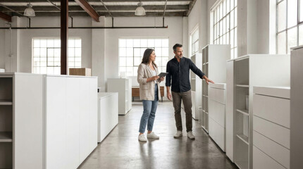Fototapeta premium Hispanic Woman and A Caucasian Man Inspect Modern Shelving Units in A Bright Open Furniture Showroom Concept Architecture and Design