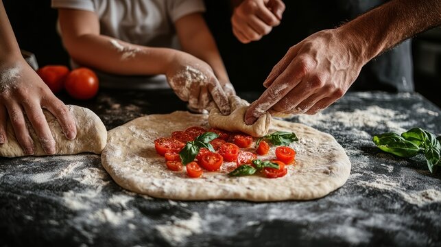 Group preparing pizza with fresh toppings on dark countertop