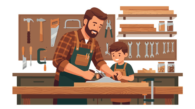 Father and son working together in a woodworking shop with tools and projects