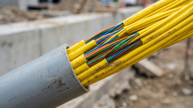 Close-up of Yellow Electrical Cables Emerging from A Conduit at A Construction Site Concept Architecture and Design