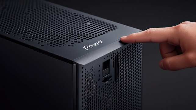 Hand pressing power button on black desktop computer tower
