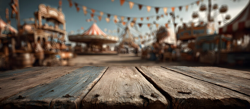 As the carnival scene unfolds in the background, a wooden surface in the foreground offers a space for display or presentation.