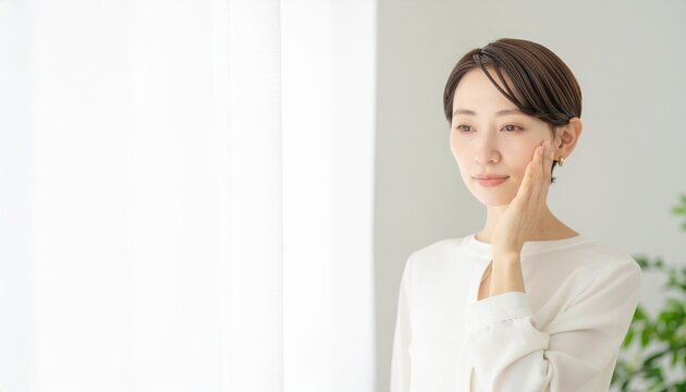Middle-aged Japanese woman touching her cheek with copy space　頬に手を添える日本人のミドル世代女性、スキンケアとコピースペース