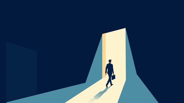 Businessman Walking Toward Open Door Opportunity Concept Flat Design Animation.  Career Growth, Success, Hope, And New Beginnings. 