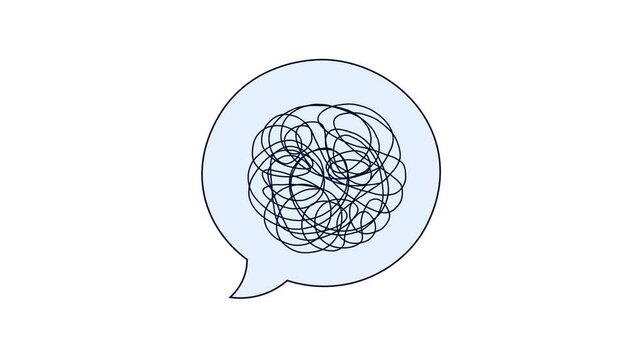 Mental Health Tangled Thoughts Speech Bubble Animation.  Round Speech Bubble Filled With Scribble Knots Lines.  Anxiety, Stress, Overthinking, Emotional Confusion, And Inner Thoughts. 