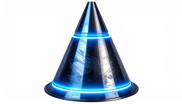 A futuristic conical object with sleek metallic dark blue surfaces and glowing neon cyan light rings isolated against a clean white background.