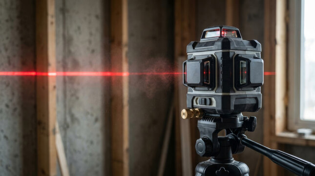Laser Level Tool in A Construction Setting Projecting A Red Line on The Wall Highlighting Precision in Measurements Concept Architecture and Design