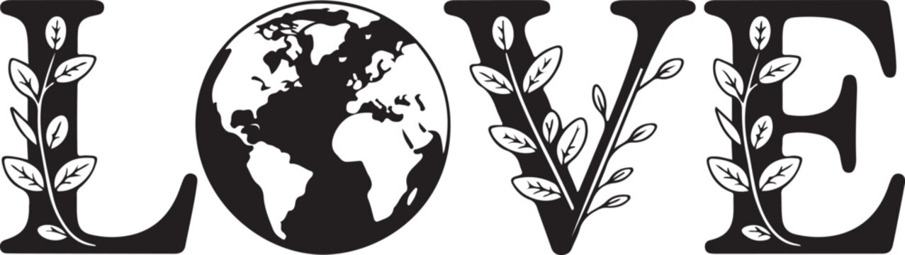 Earth love typography illustration featuring world globe replacing letter o with organic leafy floral branches on black letters.