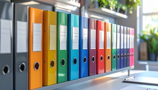 A neat row of colorful office ring binders organized on a shelf in a professional workspace setting with blurred background environment.