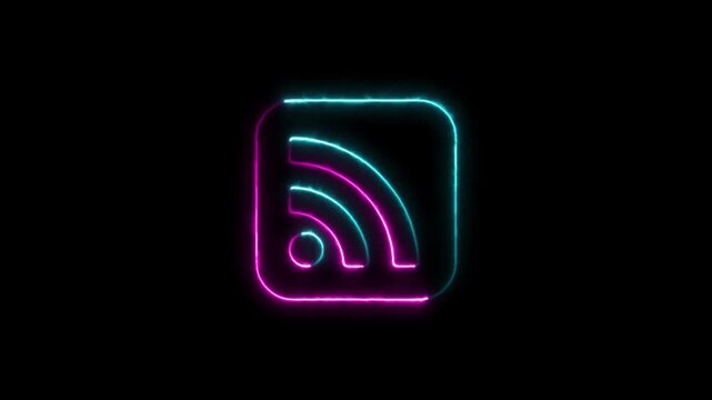 Neon rss feed icon on black background a rounded square representing an glows