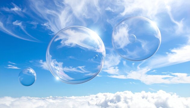 Abstract background featuring three transparent soap bubbles floating high above white fluffy clouds against a bright blue sunny sky.